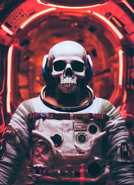 Prompt: movie film still of a skull in a spacesuit in a spaceship, astronaut, highly detailed, 4 k, dark, grimy, colourful, cyberpunk, science fiction, cosmic, horror, blood, by david fincher