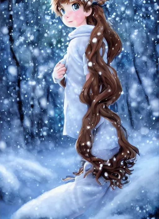 Prompt: A cute little girl with shoulder length curly brown hair and blue eyes in a snowy forest trying to catch snowflakes. beautiful fantasy art by By Artgerm and Hayao Miyazaki, trending on artstation.