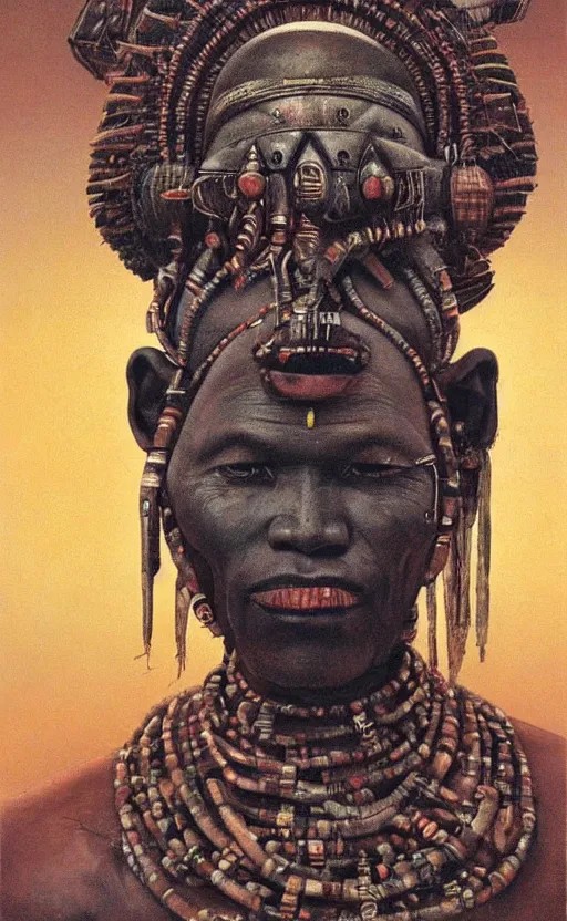 Prompt: portrait of african tribal chief wearing mecha head gear, symmetrical, dramatic lighting, art by zdzislaw beksinski,