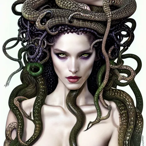 Image similar to head and shoulders vogue 7 0 mm fashion photo of medusa with different species of snakes for her hair, d & d, fantasy, luis royo, magali villeneuve, donato giancola, wlop, krenz cushart