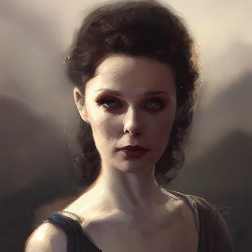 Image similar to a portrait of vivian leigh, eerie colors, dramatic light, gorgeous view, depth, high detail, digital art, painted by greg rutkowski and seb mckinnon, trending on artstation