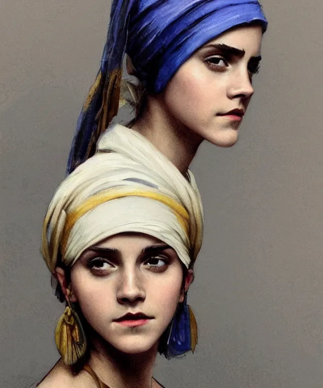 Image similar to Emma Watson as the girl with the pearl earring, highly detailed, digital painting, artstation, concept art, smooth, sharp focus, illustration, ArtStation, art by artgerm and greg rutkowski and alphonse mucha and J. C. Leyendecker and Edmund Blair Leighton and Katsuhiro Otomo and Geof Darrow and Phil hale and Ashley wood and Ilya repin and Charlie Bowater