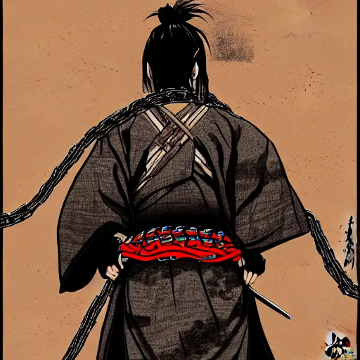 Image similar to a portrait from behind of a samurai man vagabond, the samurai is wrapped in chains, detailed, illustration, concept art, ink style, sketch