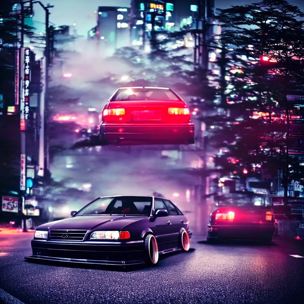 Prompt: a car JZX100 twin turbo drift in the road, Tokyo prefecture, Japanese architecture, city sunset mist lights, cinematic lighting, photorealistic, detailed alloy wheels, highly detailed, studio photo