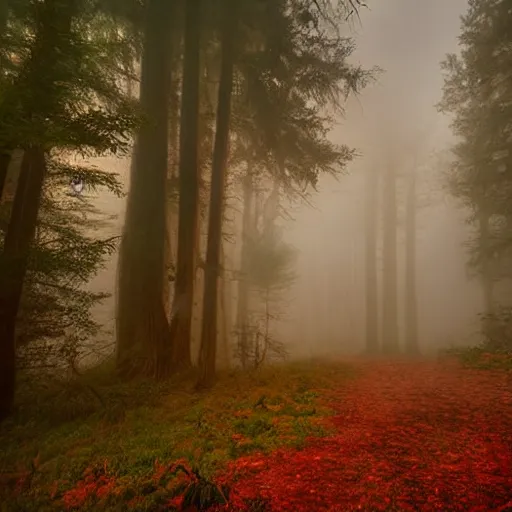 Prompt: watercolor painting of a forest in the fog by the ocean, dramatic lighting, peaceful