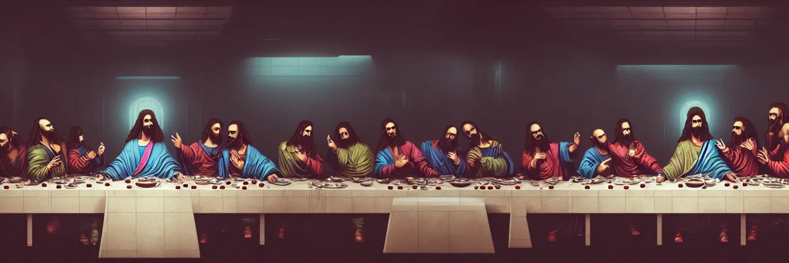 Image similar to the last supper, cyberpunk style, octane render