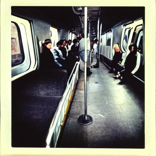 Image similar to penguins riding the subway in new york city in the 1 9 8 0 s, graffiti on the walls, polaroid photograph with flash