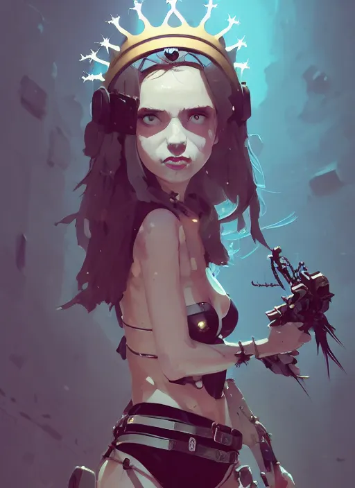 Image similar to portrait of cute maiden girl with crown of thorns, dressed in belts bikini, warhammer, cyberpunk, by atey ghailan, by greg rutkowski, by greg tocchini, by james gilleard, by joe gb fenton, by kaethe butcher, dynamic lighting, gradient light blue, brown, blonde cream and white color in scheme, grunge aesthetic