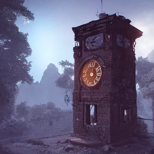 Image similar to an abandoned old rusty clocktower in a dark enormous cave, Low level, digital art, unreal engine, WLOP, trending on artstation, 4K UHD image, octane render dynamic lighting, cinematic, establishing shot, extremely high detail, photo realistic, cinematic lighting, watercolor, intricate line drawings, 8k resolution