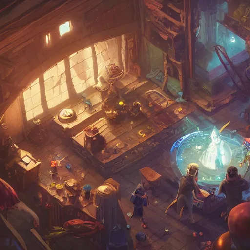 Image similar to an alchemist fantasy lab, potions, stills, complex devices, concept art illustration, color page, tone mapping, akihiko yoshida, james jean, andrei riabovitchev, marc simonetti, digital illustration, greg rutowski, volumetric lighting, sunbeams, particles