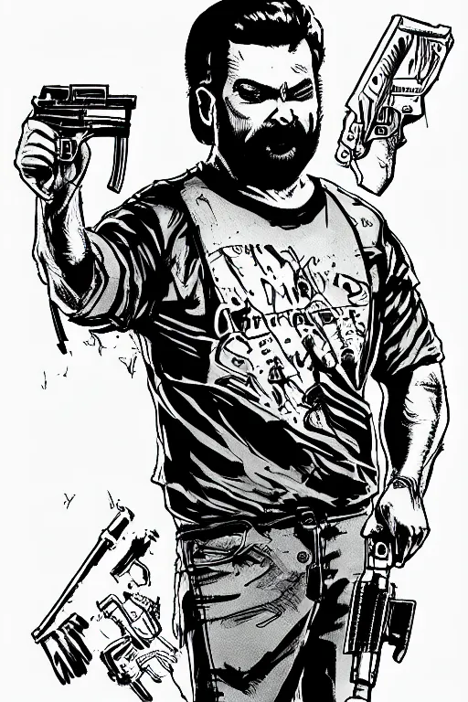 Image similar to billy mays holding a gun, a page from cyberpunk 2 0 2 0, style of paolo parente, style of mike jackson, adam smasher, johnny silverhand, 1 9 9 0 s comic book style, white background, ink drawing, black and white, colouring pages