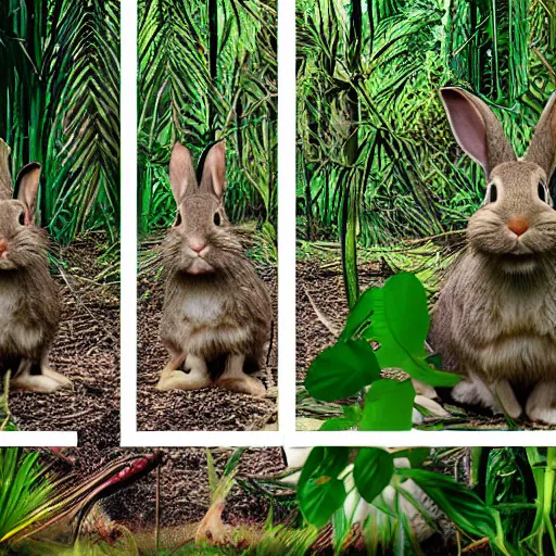 Prompt: rabbit run across jungle. film strip. 4 frames.