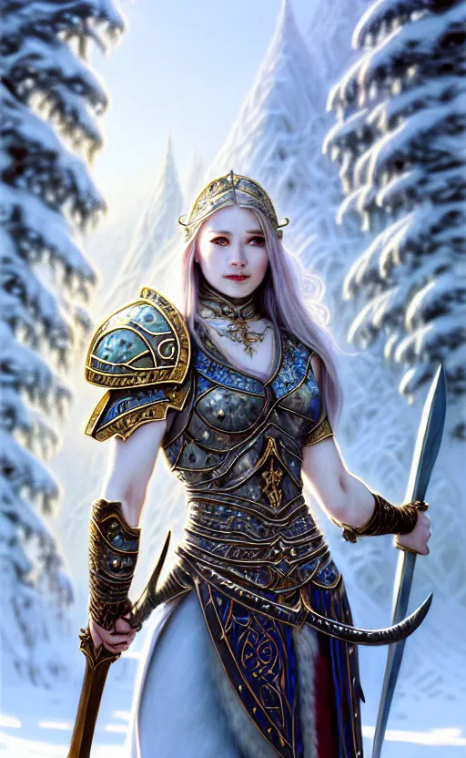 Image similar to opal viking warrior, regal, elegant, winter, snow, beautiful, stunning, hd, illustration, epic, d & d, fantasy, intricate, elegant, highly detailed, wide angle, digital painting, artstation, concept art, smooth, sharp focus, illustration, wallpaper, art by artgerm and greg rutkowski and alphonse mucha and jin xiaodi