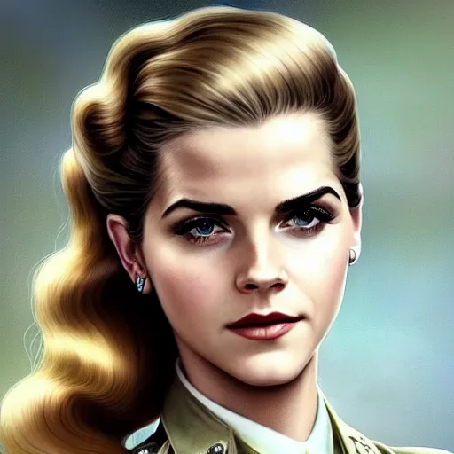 Prompt: A combination of Katheryn Winnick's and Grace Kelly's and Emma Watson's appearances as a WW2 soldier, full body portrait, western, D&D, fantasy, intricate, elegant, highly detailed, digital painting, artstation, concept art, matte, sharp focus, illustration, art by Artgerm and Greg Rutkowski and Alphonse Mucha