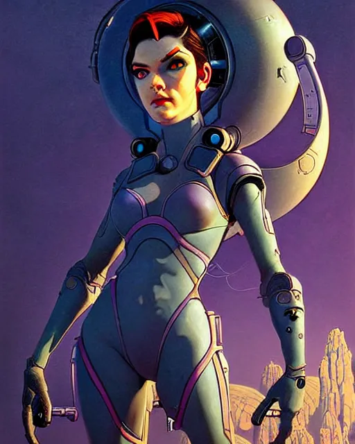 Image similar to widowmaker from overwatch, character portrait, portrait, close up, concept art, intricate details, highly detailed, vintage sci - fi poster, retro future, in the style of chris foss, rodger dean, moebius, michael whelan, and gustave dore