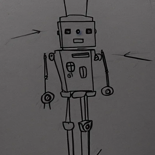 Image similar to pencil sketch of a awkard robot with joints that creak and a triangular head with 2 antenna