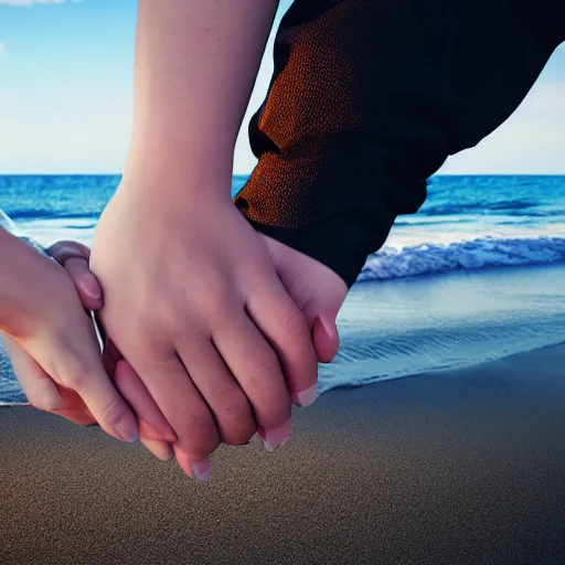 Image similar to a cybernetic android couple holding hands at the beach, high resolution, 8k, extreme detail