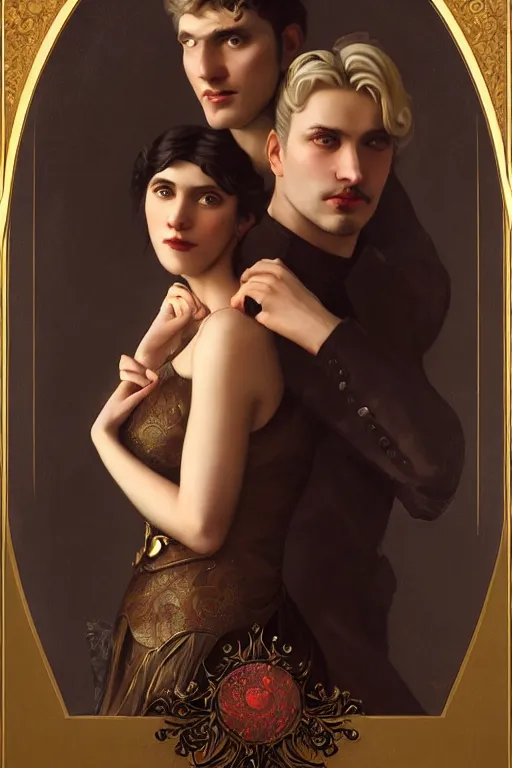 Image similar to a portrait of handsome young evil male Satan and his elegant beautiful wife, bored, illustration, dramatic lighting, soft details, painting oil on canvas, art nouveau, octane render, HDR, 4k, 8k, HD, by Edmund Blair Leighton, Brom, Charlie Bowater, trending on artstation, faces by Tom Bagshaw, Sargent