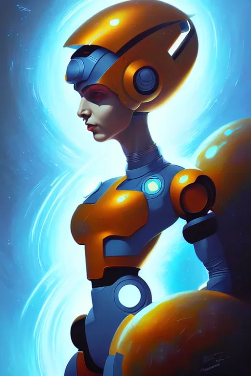 Prompt: Futuristic beautiful female megaman portrait by Peter Mohrbacher