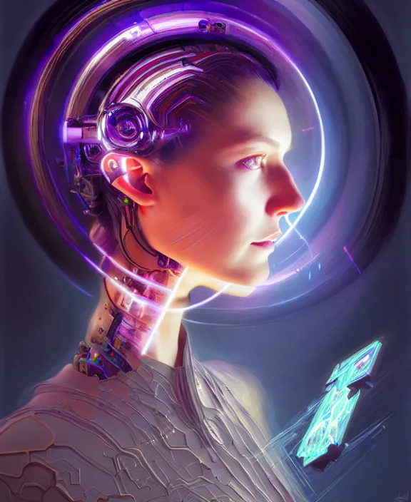 Prompt: a whirlwind of souls rushing inside the metaverse, hologram, half body, neurochip, shaved temple, piercing, jewelry, android, cyborg, cyberpunk face, by loish, d & d, fantasy, intricate, elegant, highly detailed, colorful, digital painting, artstation, concept art, art by artgerm and greg rutkowski and alphonse mucha