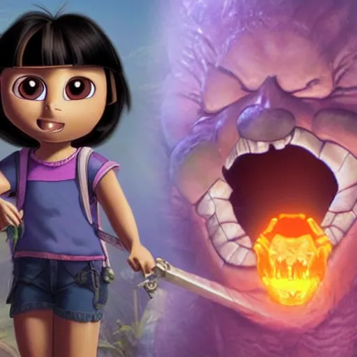 Prompt: dora the explorer as a dark souls boss