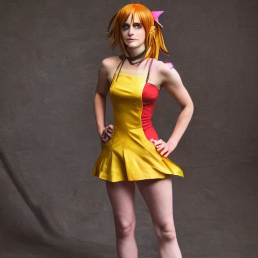 Image similar to a full body photo of emma watson as nami from one piece, award winning photography, 50 mm.