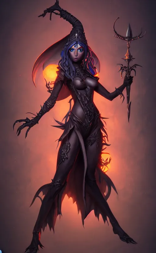 Image similar to full body shot of dark elf witch, highly detailed, d & d, fantasy, highly detailed, digital painting, trending on artstation, concept art, sharp focus, illustration, global illumination, ray tracing, realistic shaded, art by artgerm and greg rutkowski and fuji choko and viktoria gavrilenko and hoang lap,