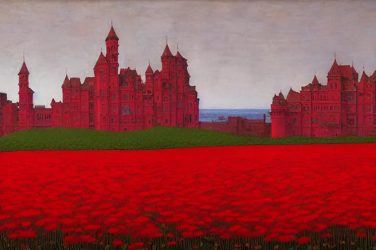 Image similar to only with red, red flowers of different types, red castle in background, red medieval big goblins, in the style of beksinski, parts by edward hopper, parts by rodcenko, parts by yue minjun, intricate and epic composition, red by caravaggio, insanely quality, highly detailed, masterpiece, red light, artstation, 4 k