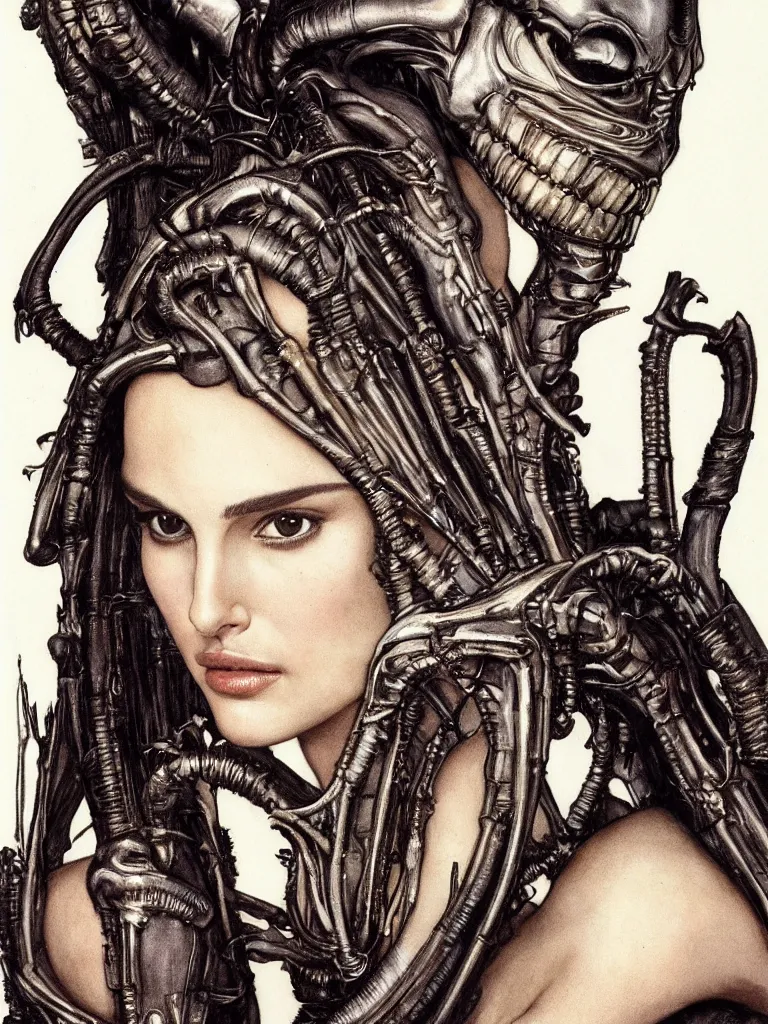 Image similar to a beautiful portrait of natalie portman with a xenomorph queen by h.r. giger and by arthur rackham and by john william waterhouse, detailed, proportional, trending on art station, 4k