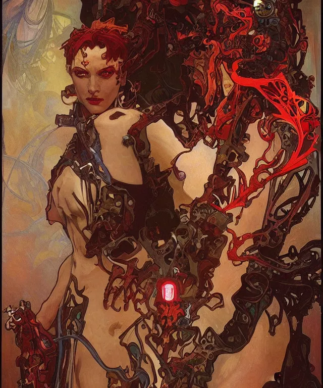 Prompt: a demonic cyborg with flaming red eyes, painting by alphonse mucha, greg ruthowski, detailed, henry ascensio, craig mullins, intricate and detailed