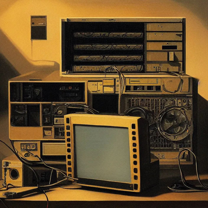 Prompt: still life painting of a retro electronics supercomputer workstation by pieter claesz, oil on canvas, blade runner vibes, strong lighting, highly detailed, hyper realism, golden hour, god rays, hd, 4 k