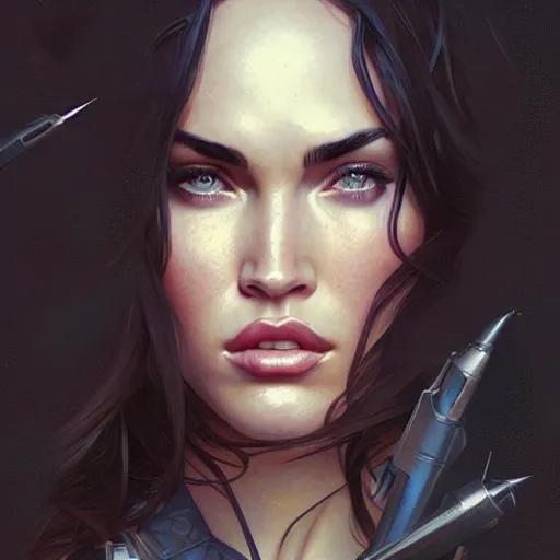 Image similar to Megan Fox , highly detailed, digital painting, artstation, concept art, sharp focus, illustration, art by greg rutkowski and alphonse mucha