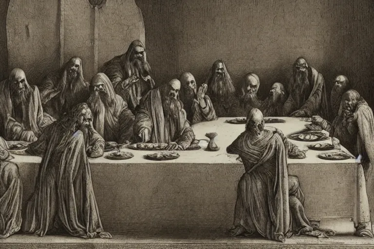 Prompt: very detailed ink drawing of the last supper with grim reaper sitting in the middle of the table by gustave dore, poster, fine art, etching, biblical