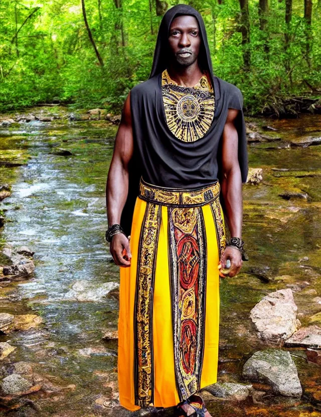 Prompt: full body shot longshot modern intricate textile ancient roman toga cloak black skin african chiseled chin walking along the small creek in the woods versace colorful black gold