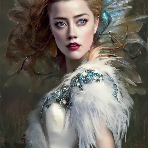 Image similar to hyperrealistic portrait of a woman as amber heard as the winter witch in throne room at night wearing white swan dress long feathers and sapphire jewellery by jeremy mann and alphonse mucha, fantasy art, photo realistic, dynamic lighting, artstation, poster, volumetric lighting, very detailed faces, 4 k, award winning