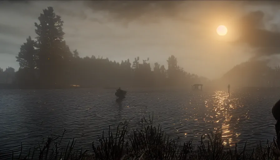 Image similar to red dead redemption 2 screencap, loch ness monster in flat iron lake, ultra graphics, 4 k image, dusty, light beams,, at night, moonbeams