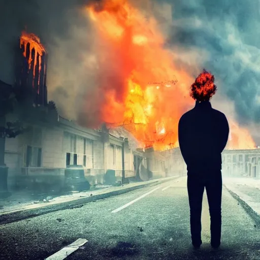 Image similar to the city is burning and fire is everywhere, palaces are collapsing world is getting destroyed just a man was standing alone crying while world is getting destroyed detailed picture HD