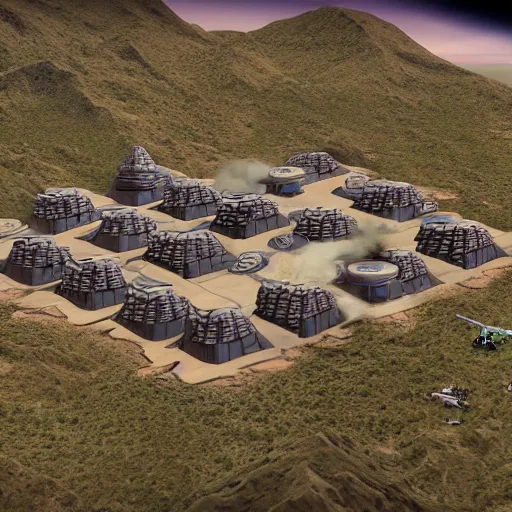 Image similar to isometric view of a colony on a strange planet, from a game, high quality graphics, unreal engine