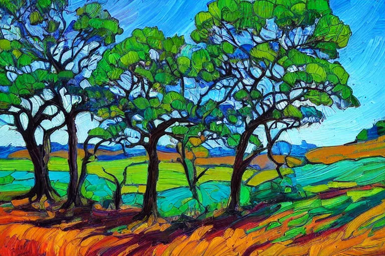 Image similar to masterpiece painting of oak trees on a hillside overlooking a creek, dramatic lighting, by erin hanson