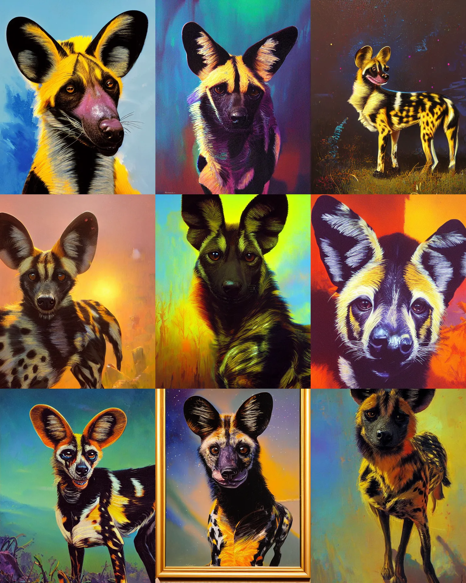 Prompt: a portrait of an african wild dog by paul lehr