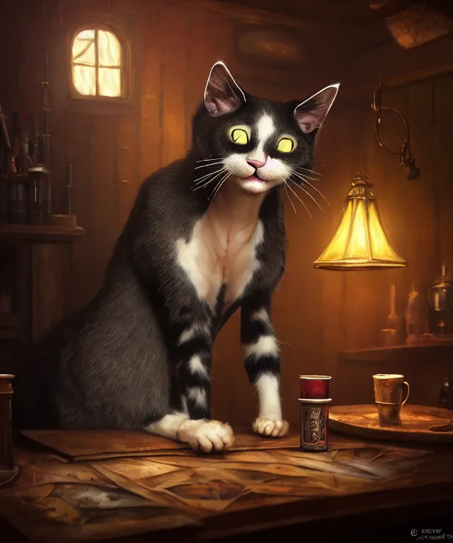 Image similar to hyperrealistic mixed media painting of a creepy smiling cat, dimly lit cozy tavern, leather tunic, confident relaxed pose, d&d, stunning 3d render inspired art by Gerlad Brom and Anna Dittmann + perfect facial symmetry + dim volumetric lighting, 8k octane beautifully detailed render, post-processing, extremely hyperdetailed, intricate, epic composition, grim yet sparkling atmosphere, cinematic lighting + masterpiece, trending on artstation, very very detailed, masterpiece, stunning