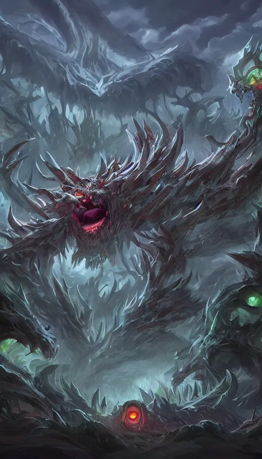 Prompt: a storm vortex made of many demonic eyes and teeth over a forest, by league of legends concept artists