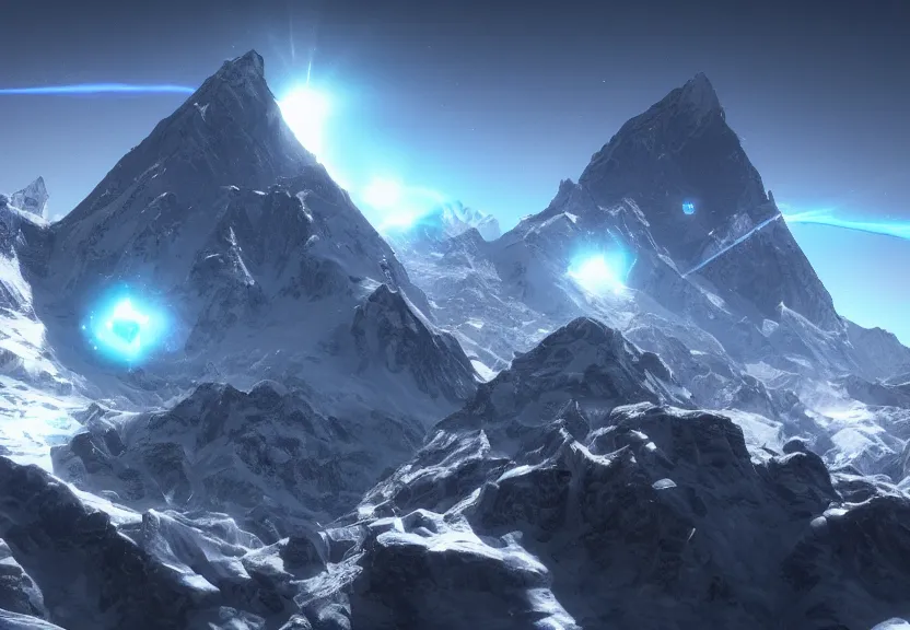 Image similar to protoss spaceship above mount everest beautiful art uhd 4 k, artstation, hdr, 4 k, incredible detail, cinematic lighting, unreal engine 5