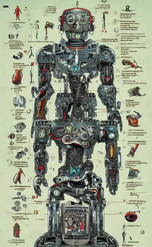 Image similar to anatomy of the terminator, robot, cyborg, t100, diagrams, mystical, intricate ornamental tower floral flourishes, technology meets fantasy, map, infographic, concept art, art station, style of wes anderson