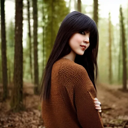 Prompt: real life photo of a beautiful girl, full body photoshoot, long black hair, brown eyes, full round face, short smile, brown sweater, forest setting, cinematic lightning, medium shot, mid - shot, highly detailed, trending on artstation, unreal engine 4 k, 8 0 mm, 8 5 mm, cinematic wallpaper