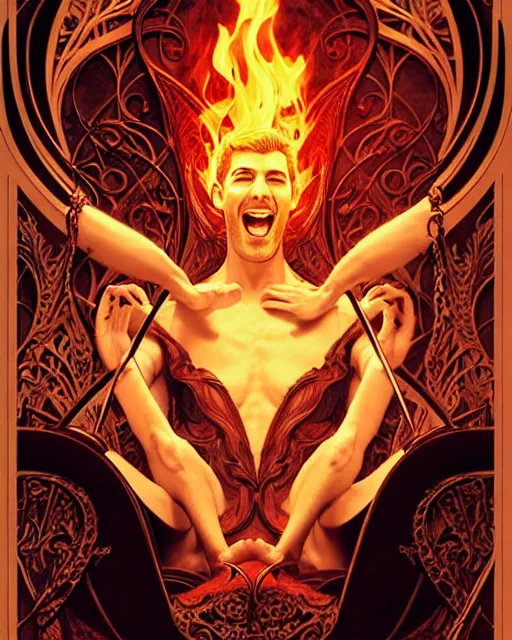 Image similar to tom ellis ( lucifer ) smiling portrait in a burning chair, art nouveau, fantasy, intricate devilish designs, elegant, highly detailed, sharp focus, art by artgerm and greg rutkowski and wlop