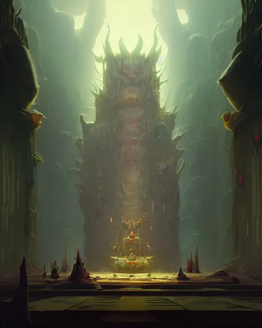 Image similar to Throne Room of the Shaman Raccoon King, cinematic concept art, matte painting, trending on Artstation, wide angle shot, by Peter Mohrbacher