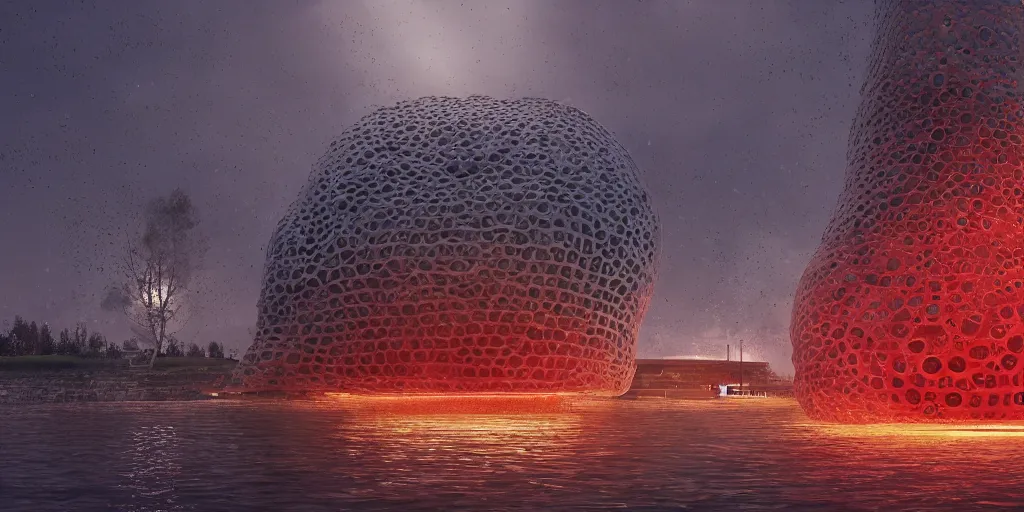 Image similar to An epic architectural rendering of a blob shaped trypophobia house with a mysterious red glow emitting from inside in a modern cityscape next to a river, stunning, gorgeous, golden ratio, photorealistic, featured on artstation, 4k resolution