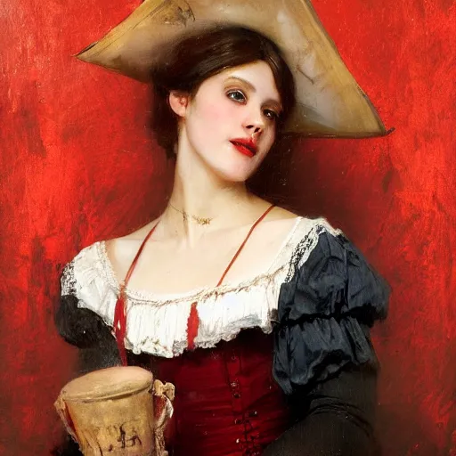 Image similar to Solomon Joseph Solomon and Richard Schmid and Jeremy Lipking victorian genre painting portrait painting of a happy young beautiful woman traditional german french actress model pirate wench in fantasy costume, red background