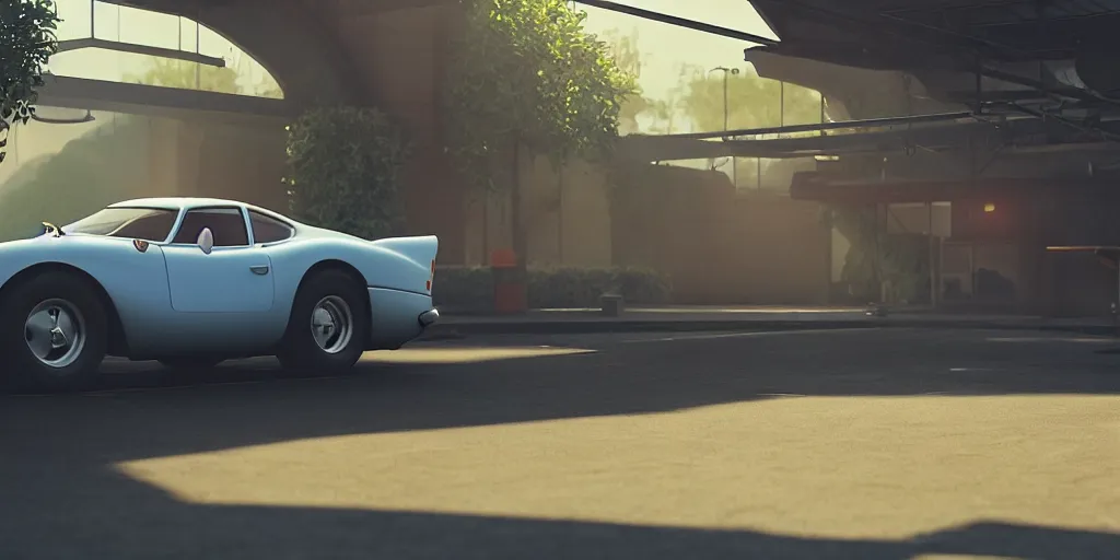 Image similar to a wholesome animation key shot of a focused old ferrari car in a car park, close shot, studio Ghibli, Pixar and Disney animation, sharp, very detailed, high resolution, Rendered in Unreal Engine 5, anime key art by Greg Rutkowski, Bloom, dramatic lighting